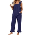 thumbnail image 2 of Elvqul Loose Fit Sleeveless Square Neck Knit Fabric Long Pants Ruffled Hem Side Pockets Pajama Set Sleepwear Loungewear Ruffled Hem Pjs Flutter Strap Pjs Ruffle Detail Pajamas, 2 of 5