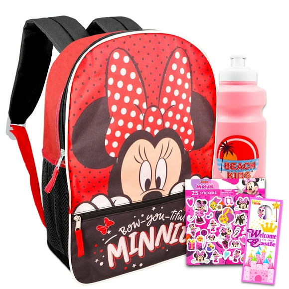 Minnie Mouse Backpack Set - Bundle with 16” Minnie Backpack for Girls 4-6, Water Bottle, Stickers, More | Minnie Mouse School Backpack