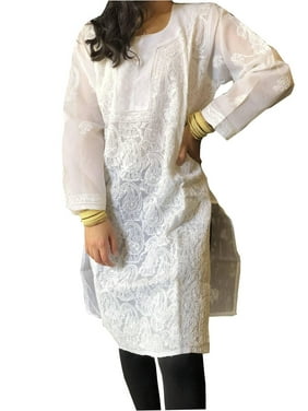 Mogul Women Tunic Dress Cotton White Hand Embroidered Ethnic Long Tunic M