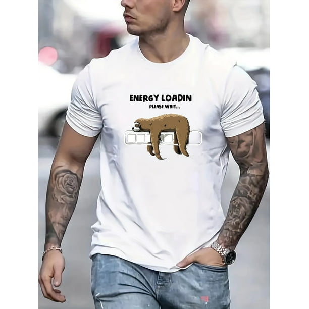 Sloth Print Men's Crew Neck Fashionable Short Sleeve Sports T-shirt, Comfortable And Versatile, For Summer And Spring, Athletic Style, Comfort Fit T-Shirt, As Gifts, Casual Sporty Tee, Summer Gifts