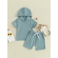 thumbnail image 3 of Musuos Toddler Boys Summer Outfits 3M 6M 12M 18M 24M 3Y Short Sleeve Solid Color Pocket Hooded Tops and Elastic Waist Shorts 2Pcs Clothes Set, 3 of 10