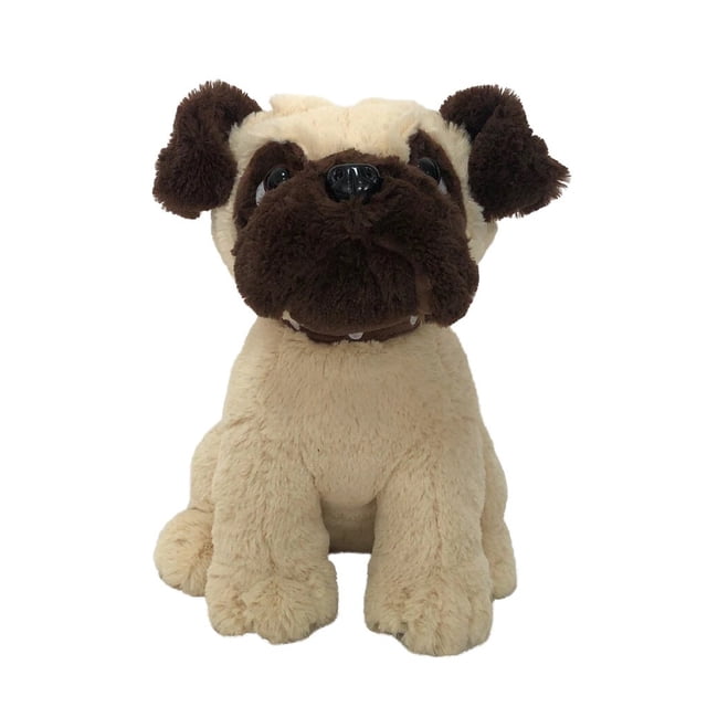 perro pug de peluche grande 28 cm cachorro Linzy Toys tela suave hipoalergénica — vista frontal centrada de peluche de perro pug color café claro con máscara, hocico y orejas café oscuro, ojos y nariz negros de plástico, sentado; medidas 28 x 18 x 31 cm, relleno Delcron, recomendado desde 3 años; a menudo usado para decorar cama o estante.