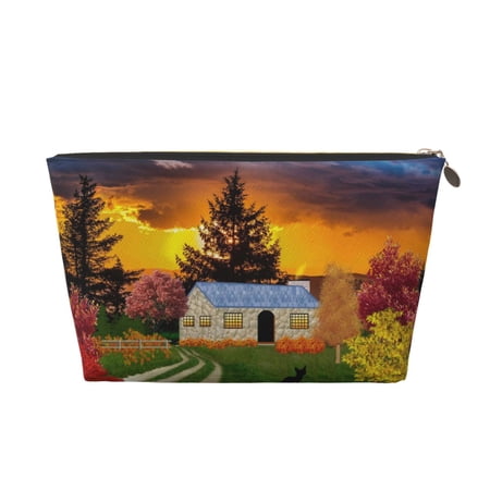 Picia Fall Village Scenery Printed Leather Travel Toiletry Bag,Cosmetic Organizer, Makeup Travel Bag, Durable Travel Pouch, Compact Toiletry Bag, Travel Accessories
