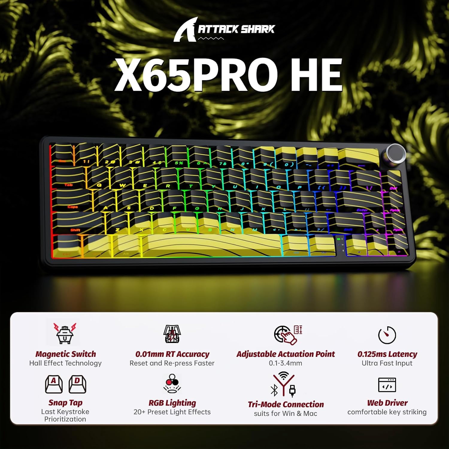 ATTACK SHARK X65PRO HE Rapid Trigger Magnetic Switch Keyboard with X11 Ultralight Mouse, Tri-mode Wireless Keyboard and Mouse Combo, 0.01mm RT Accuracy, 8K Polling Rate, 22K DPI - Yellow