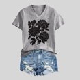 thumbnail image 2 of Jamsmile Women T-Shirts Summer Flowers Print V Neck Solid Color Short Sleeved T Shirts Casual Pullovers Graphic Tees Tops, 2 of 4