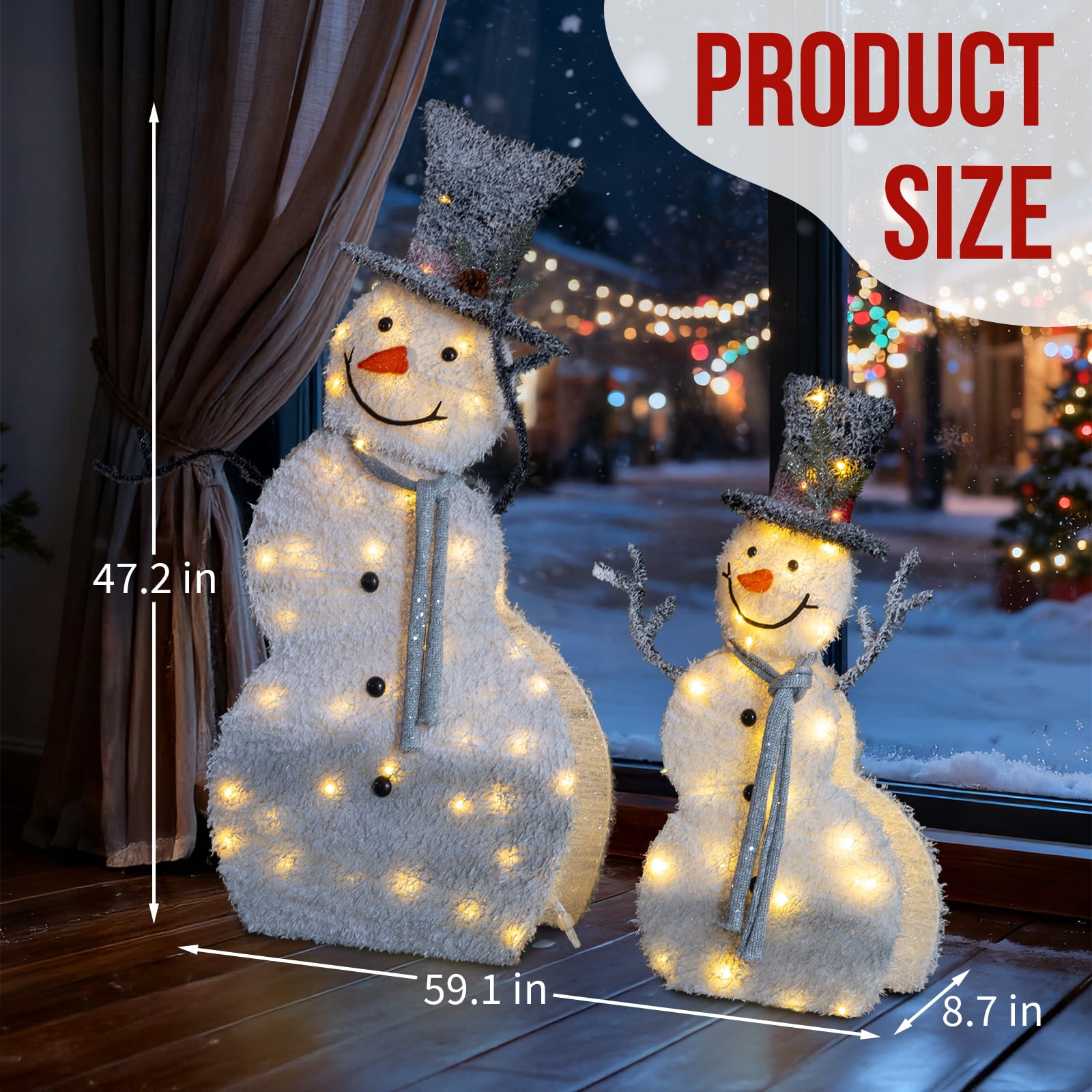 Set of 2 Lighted Snowman with Top Hat Christmas Decorations, Pre-lit 2D Holiday Decor with Warm White LED Lights for Indoor Outdoor Display