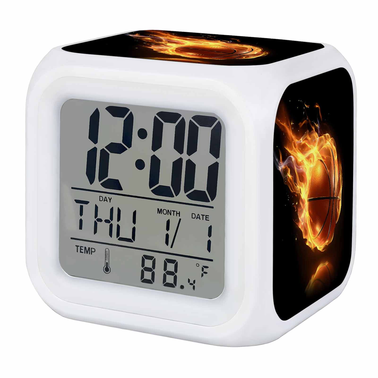 Alarm Clocks Flame Basketball Digital Clock 7 Color LED Night Light Silent Non-Ticking Battery Operated Sports Black Cube Clocks Decorative for Bedroom Bedside Living Room Office School Decor