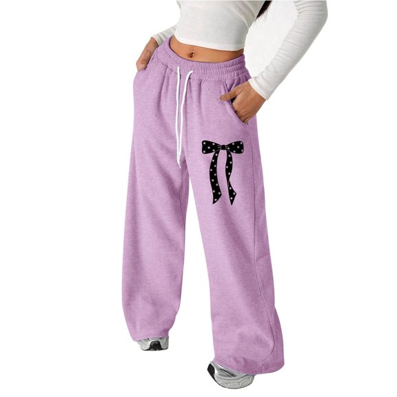 lnmuld Girls Solid Star Bow Print Wide Leg Sweatpants White Fabric Shirred Elastic Waist Soft Knit Cute Casual Trousers Color:Purple,Size:8-9 Years