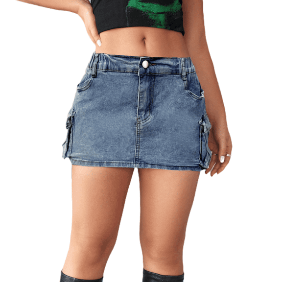 LYMAYTER Women Vintage Jean Skirt Stretchy Cargo Denim Skirt for S-2XL Mini Skirt with Utility Pockets