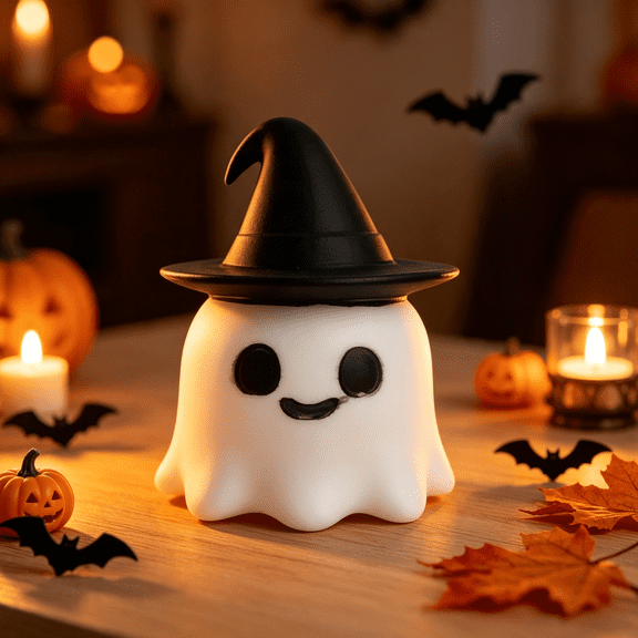 Halloween Ghost Figurine Resin Statue With Black Hat, Cute Tabletop Decoration Ornament For Home Office Shelf Garden Party Display