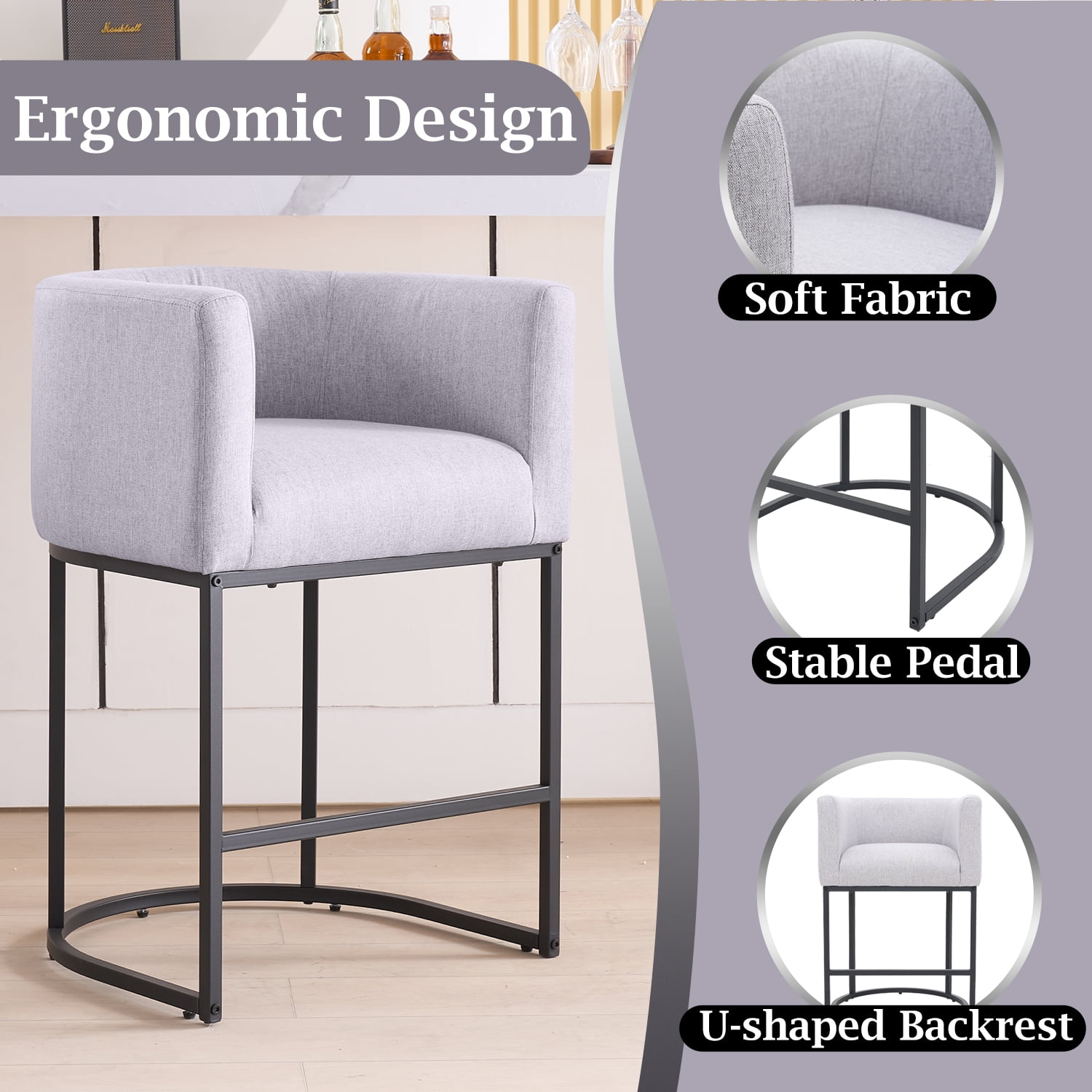 FANCROU 26" H Counter Height Bar Stools Set of 4, Fabric Barrel Stools with Back and Arms, Lightgrey-Black Leg