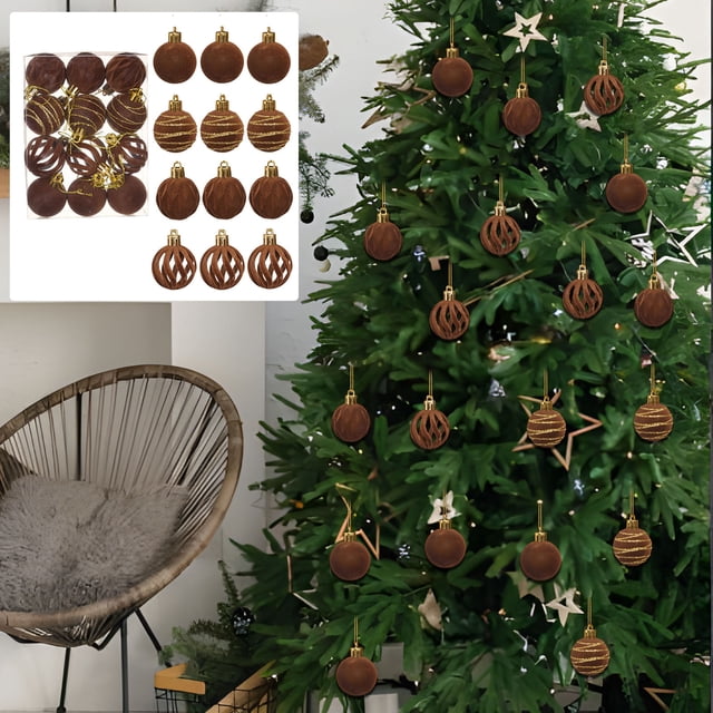 12 Bolas Navideñas de Terciopelo Marrón | Adornos Navideños de Plástico de 4 Cm | Hebilla Metálica y Cuerda para Colgar | Decoración Navideña Duradera y Versátil