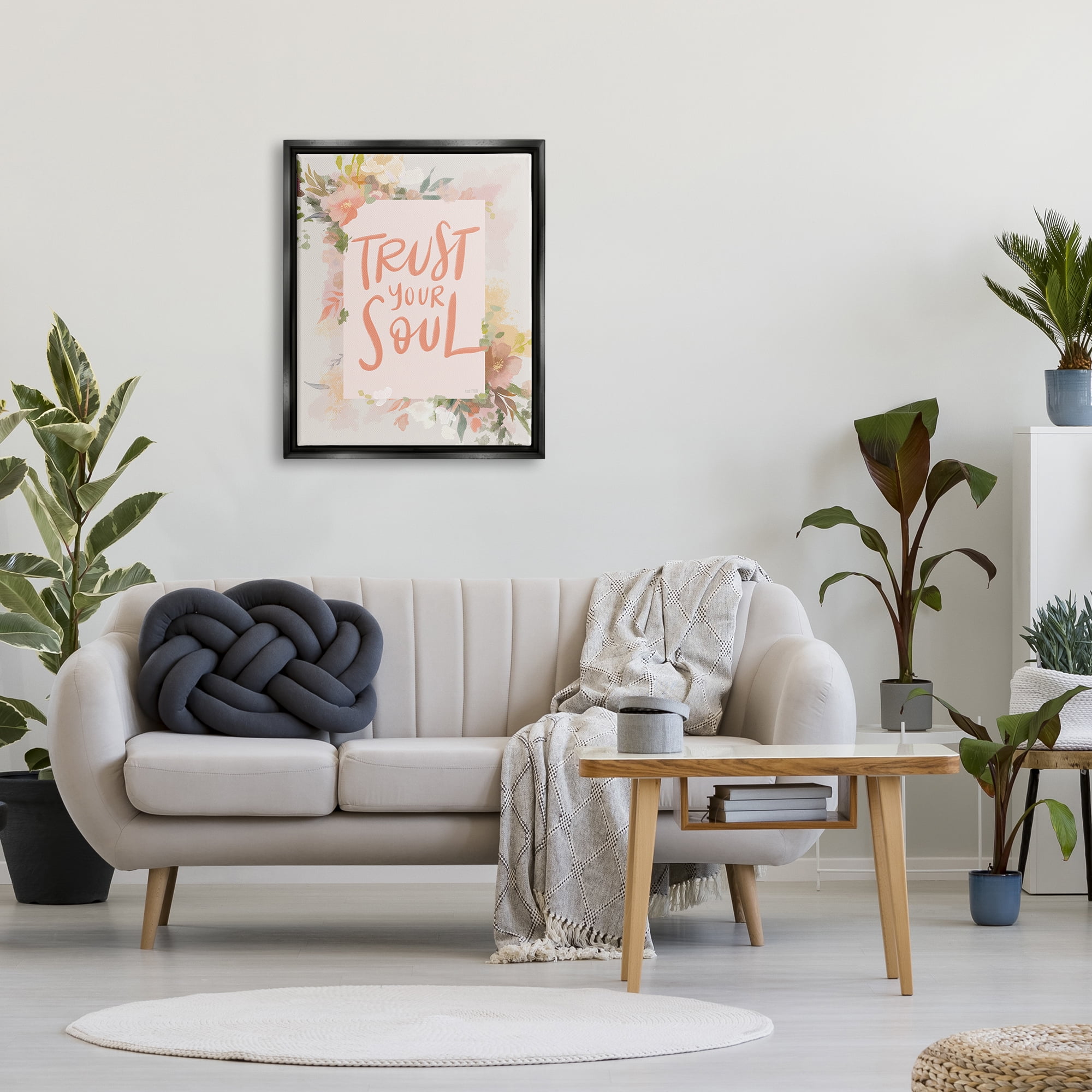 Stupell Industries Trust Your Soul Floral Border Impactful Calligraphy Graphic Art Jet Black Floating Framed Canvas Print Wall Art, Design by House Fenway
