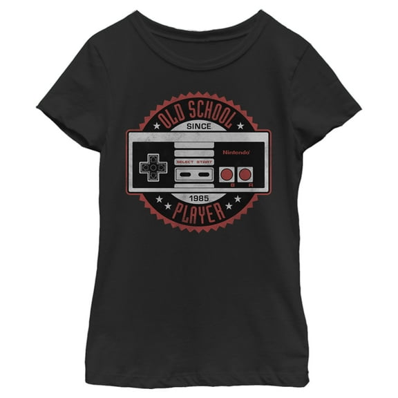 Girl's Nintendo Old School NES Controller Emblem  Graphic Tee Black Large