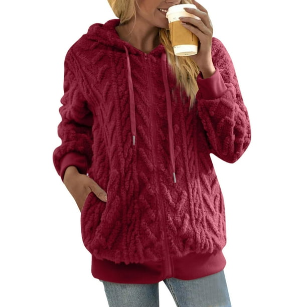 Gibobby Chamarra mujer, Chaqueta de Forro Polar para Mujer con Bloques de Color y Cremallera con Capucha Sherpa Shacket Outwear con Bolsillos(Vino,M)