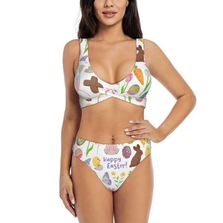 Zeuib Happy Easter1 High Waisted Tummy Control Bikini Set - Knot Front Push Up Top & Cheeky Thong Bottom  Two-Piece Swimsuit for Women-X-Large