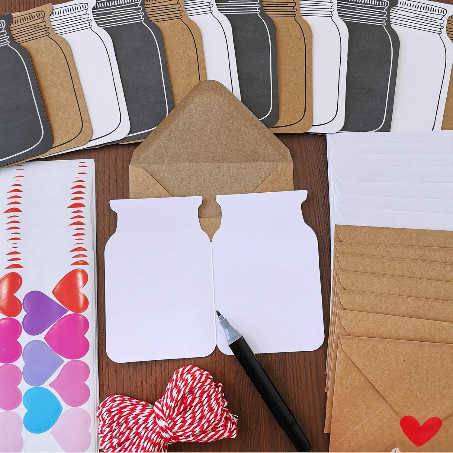 DIY Paper Heart in Jar Cards and Envelopes Stickers, Blank Die-cut Jar Cardstock Note Cards with Assorted Love Hearts Stickers for Greeting