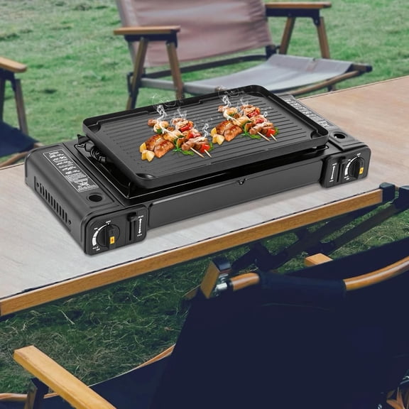 Portable Butane Camping Stove 2 Burners Gas Stove with Grill Tray and Storage Case Double Auto Ignition Cooktop Camping Burner for Home, Camping, Outdoor, Rv