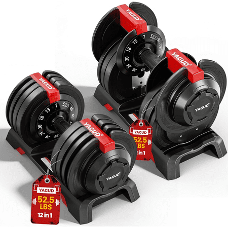 YAGUD 12-in-1 Adjustable Dumbbell Set, 7-52.5 LBS Quick-Adjust Dumbbells with Auto Safety Lock, Space-Saving Home Gym Weights for Full-Body Workout