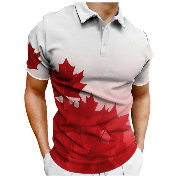 YUEVE Men's Canada Flag Golf Shirts Maple Leaf Short Sleeve Funny Graphic Polo Shirt Sumemr Novelty Button Top Tees