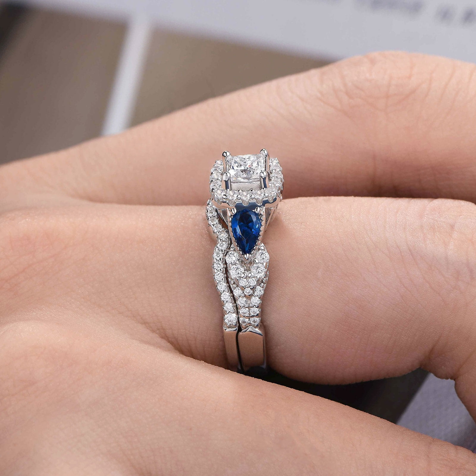 SHELOVES Princess Pear Blue Sapphire Sterling Silver Engagement Ring Wedding Ring Set for Women Size 7