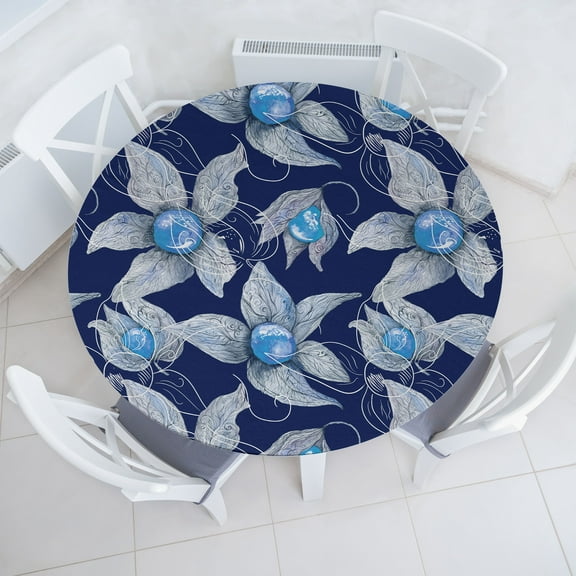 Ambesonne Floral Fitted Round Tablecloth, Pastel Leaves Berries Art, 36"- 40" Diameter, Deep Sky Blue and Grey