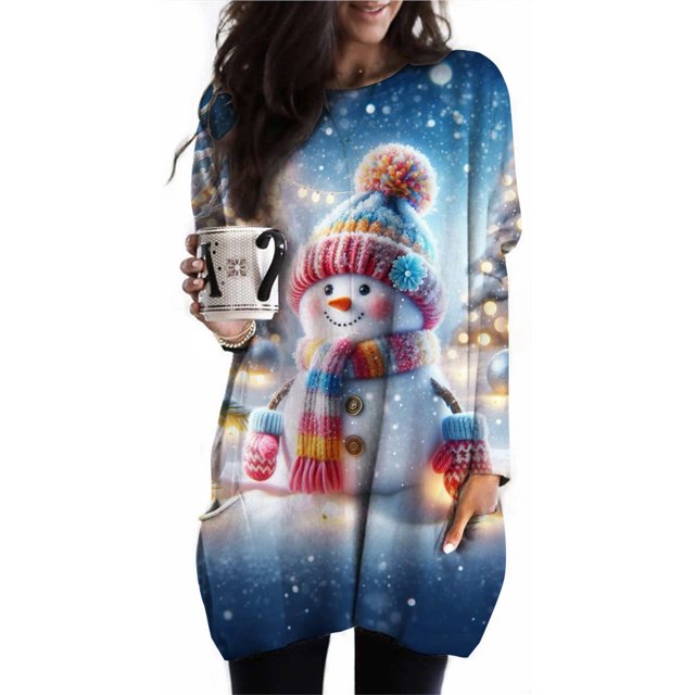 Camiseta navideña de manga larga para mujer, vestidos con bolsillos y cuello redondo de alce de dibujos animados, Jersey holgado informal de gran tamaño para otoño e invierno