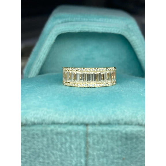 Silver & Stone Jewels Stackable Wide Women Wedding Band Ring 14K Yellow Gold Finish Baguette Cut Cubic Zirconia Silver