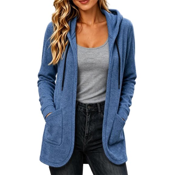Women's Open Front Hooded Cardigan Jacket Long Sleeve Drawstring Hoodie with Pockets Casual Longline Outerwear