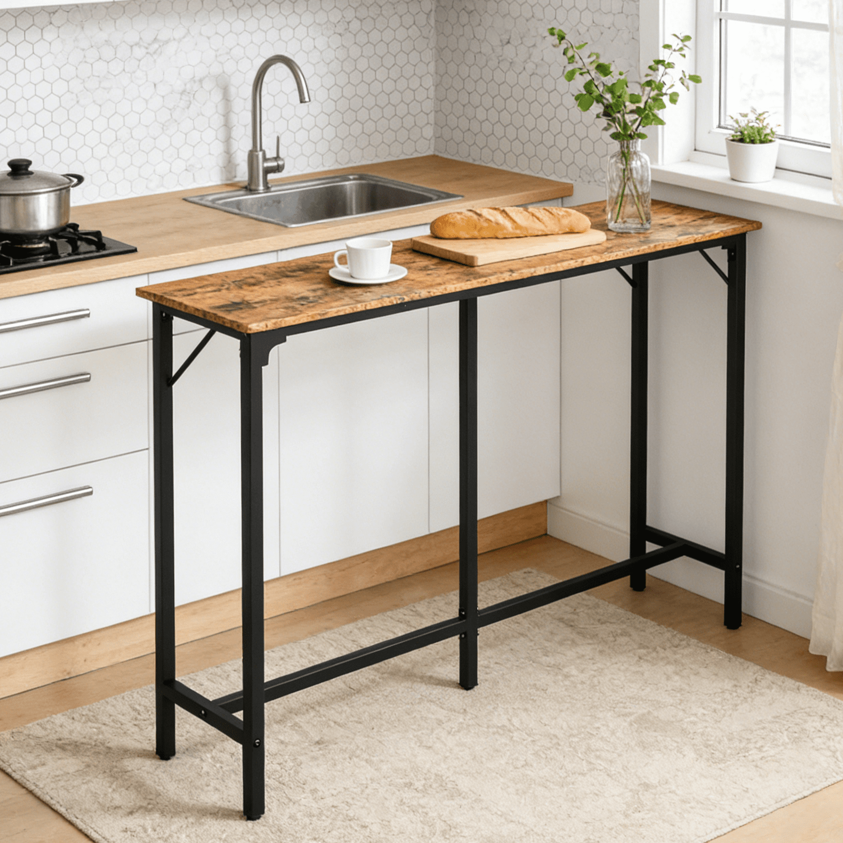 Zimtown 63" Long Counter Height Pub Table with Footrest, Tall Bar Table fro Kitchen, Dining Room, Multifunctional Dining Table Sturdy Metal Frame, Brown