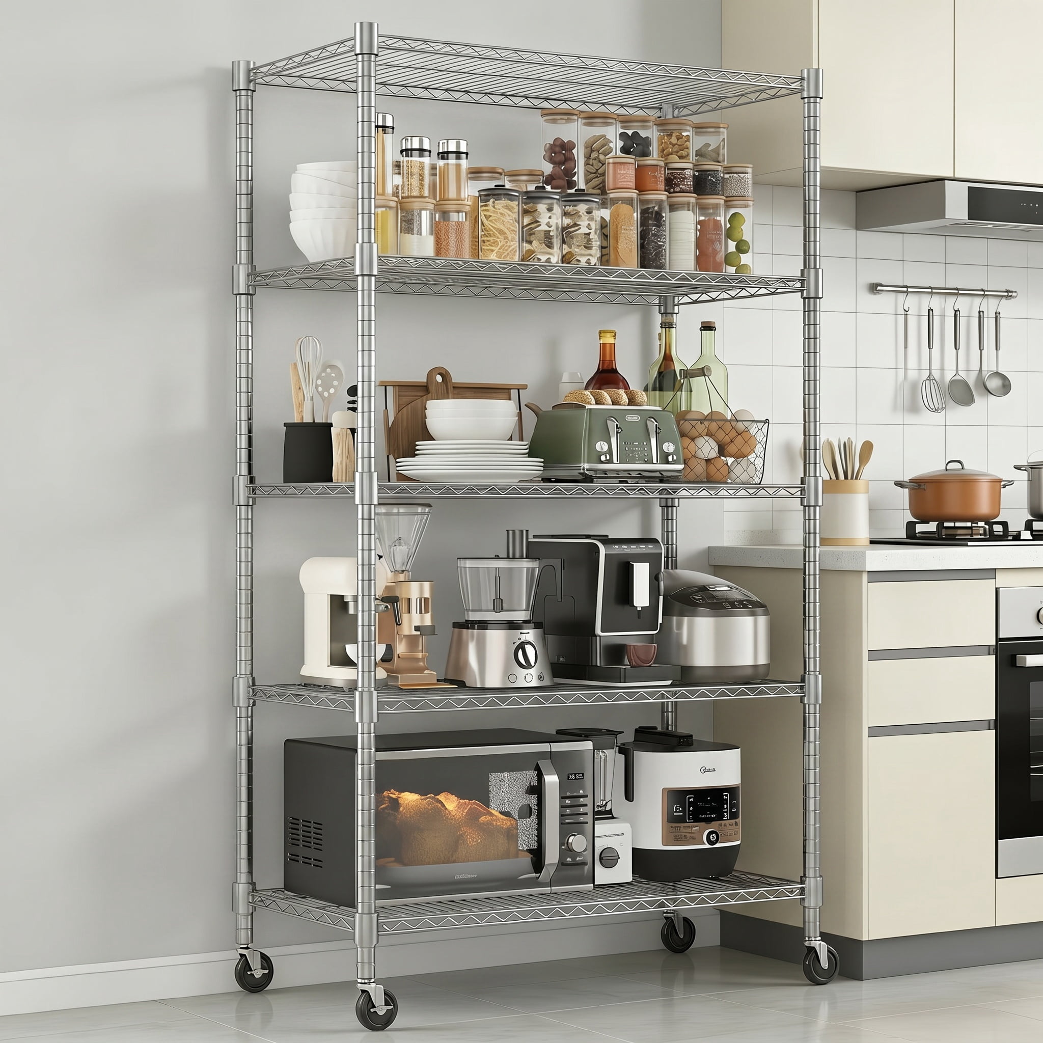 Legooin 18x36x82 inch Metal Wire Shelving Unit 5-Tier Storage Rack with Wheels Utility Shelf for Home Industrial Storage 2000lbs Load Capacity, Silver