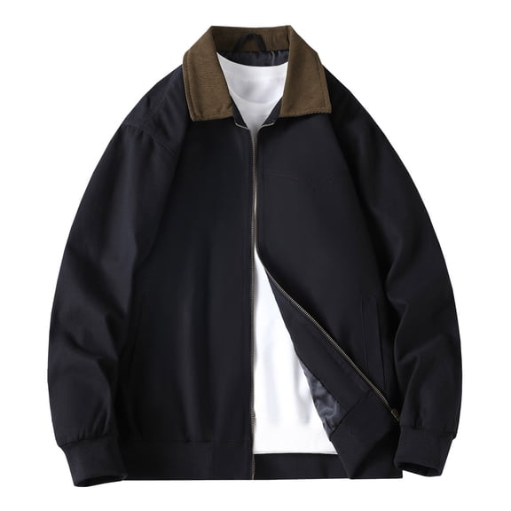 Mrmaere Turn Down Collar Corduroy Collar Casual Jacket Men Turn Down Collar Zip Up Lightweight Daily Wear Jacket Black L