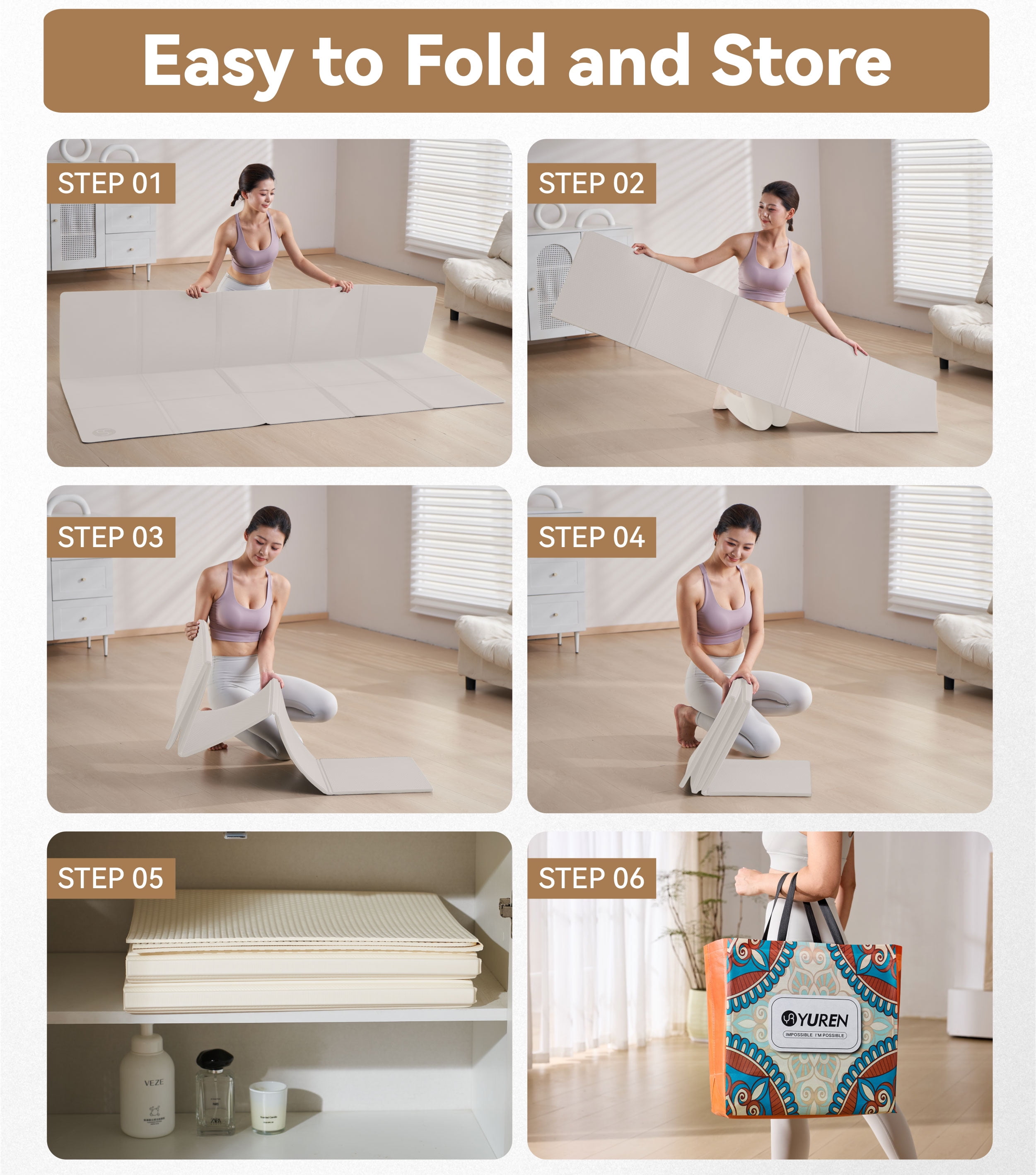 YR Foldable Yoga Mat Large 78"x51" 5mm Thick TPE Folding Fitness Mat for Home and Travel Workouts, White