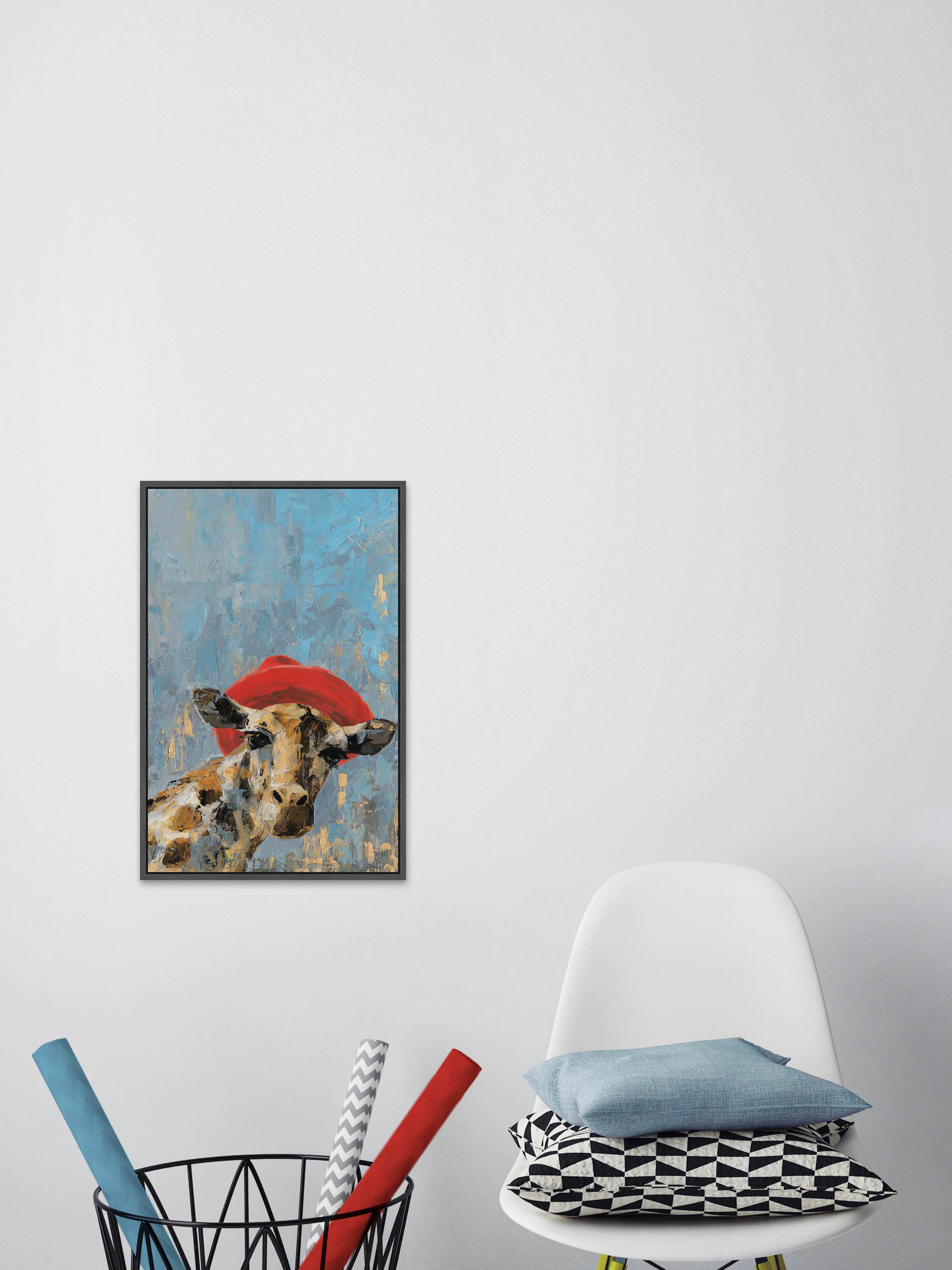 Giraffe's Red Hat Floater Framed Painting Print on Canvas
