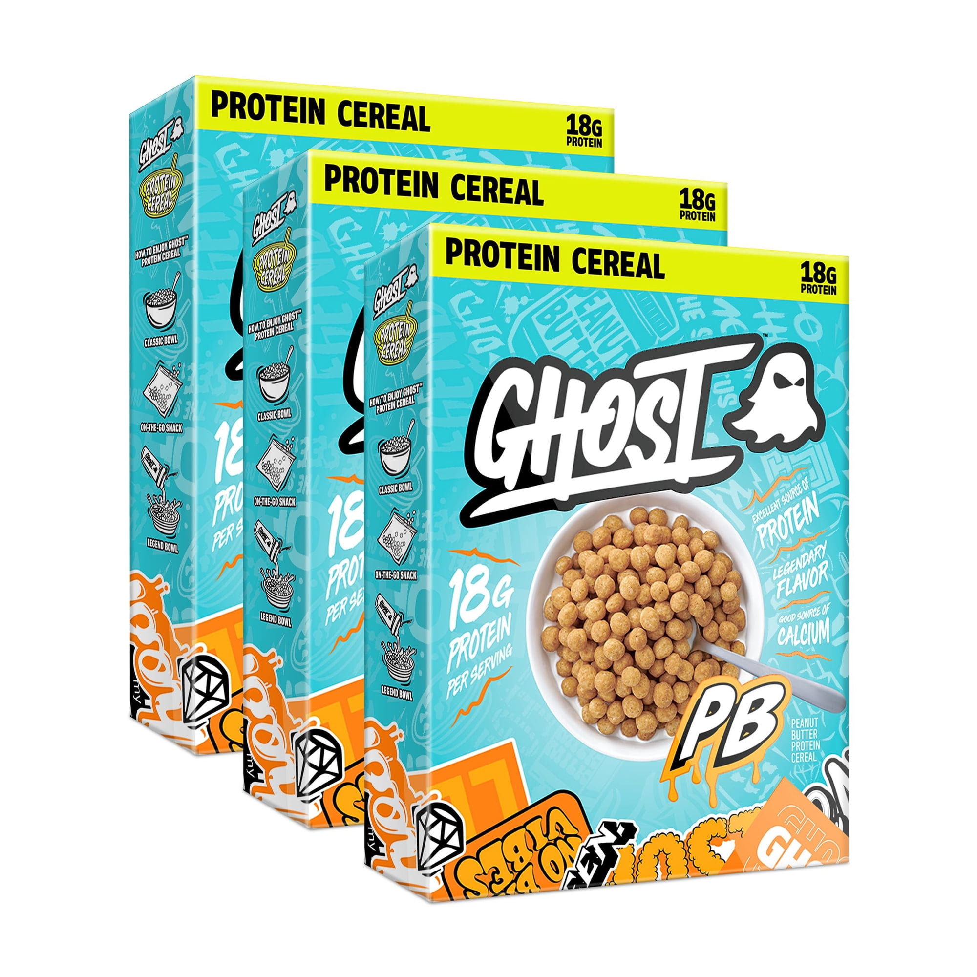 GHOST Protein Cereal, Peanut STF9 Butter Flavor (3-Pack) - Crunchy Peanut Butter Cereal Puffs - 18G Protein, Good Source of Calcium - Breakfast Cereal & Snack - 10.8oz Box