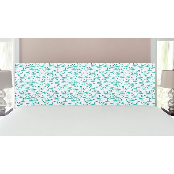 Flower Headboard, Pattern with Flower Stems Blooming Springtime Simple Design Art Print, Upholstered Decorative Metal Bed Headboard with Memory Foam, King Size, Pale Blue Teal White, by Ambesonne