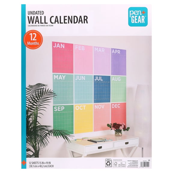 Pen+Gear 12-Month Undated Wall Calendar, Multicolor, 15" x 19"