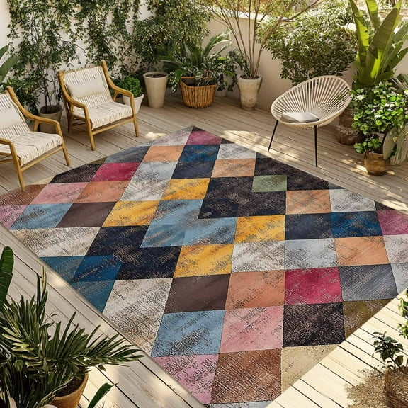 Fsddascl Colorful Geometric Outdoor Rug for Patio/Deck/Porch, Non-Slip Large Area Rug 5 x 8 Ft, Modern Vintage Abstract Color Block Indoor Outdoor Rugs Washable Area Rugs, Camping Rug Carpet