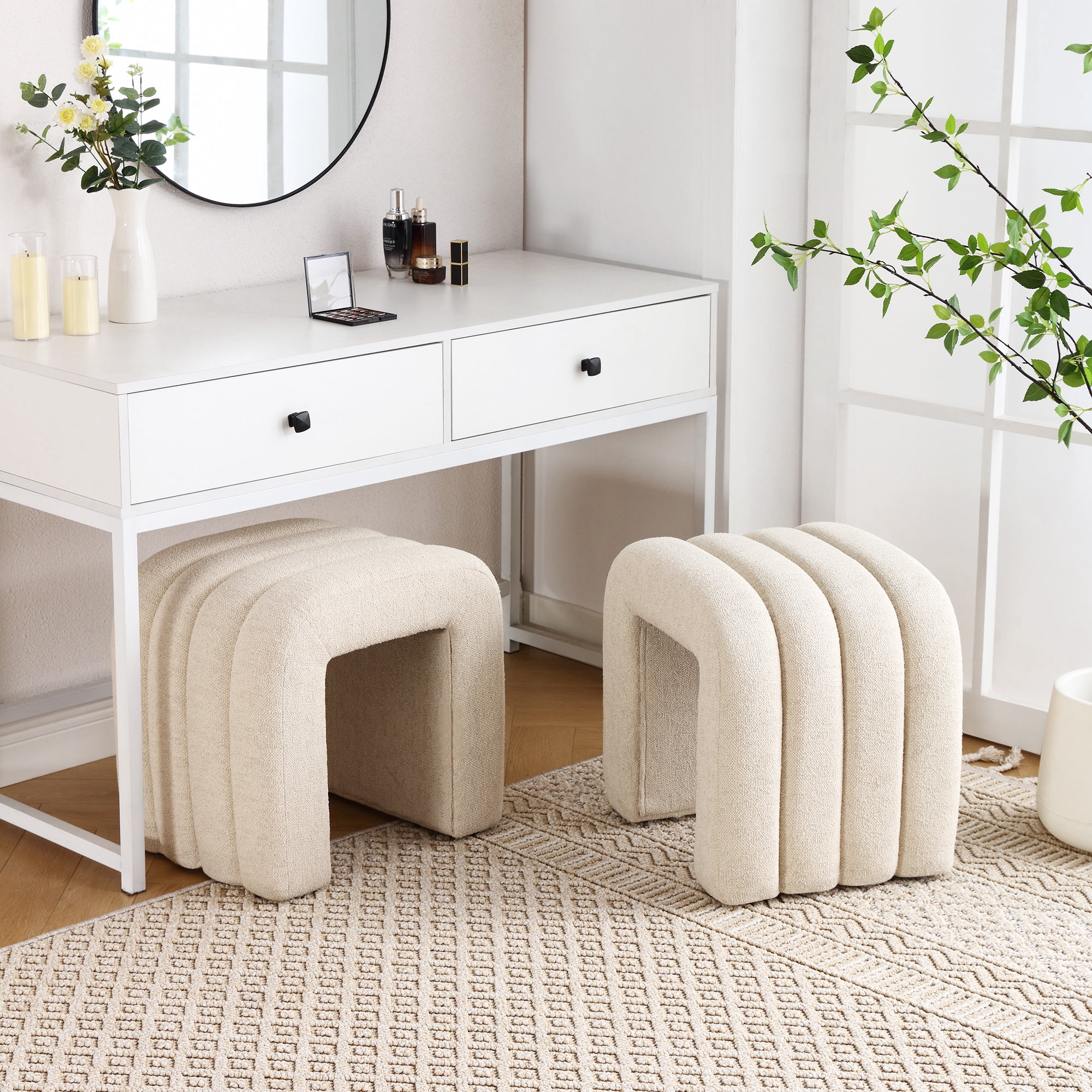 Zesthouse Multi-Functional Ottoman Stool, Tufted Linen Foot Stools Ottoman for Couch, Modern Vanity Stool for Living Room, Bedroom and Entryway, Beige