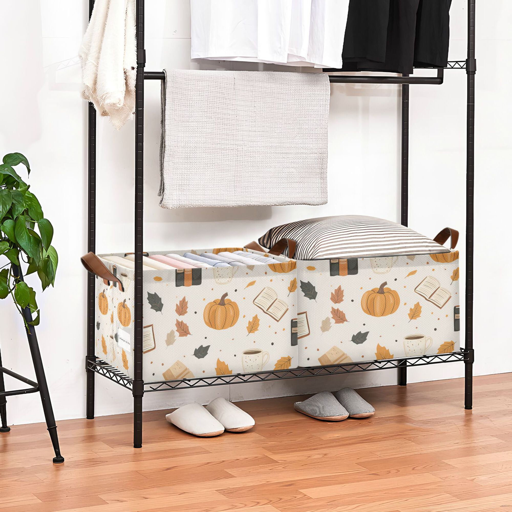 Yayeee Foldable Storage Basket for Shelves with Handles Waterproof Cloth Bins, Beige Fall Pumpkin