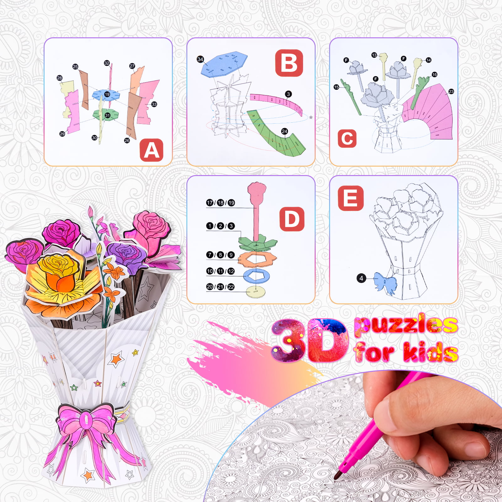 Fun Craft Kits for 6-7-8-9 Year Old Girls Painting Toys for Kids Girl Age  7-8-9-10, 3D Flowers Coloring Puzzle Set for 6-7-8-9 Year Old Girls
