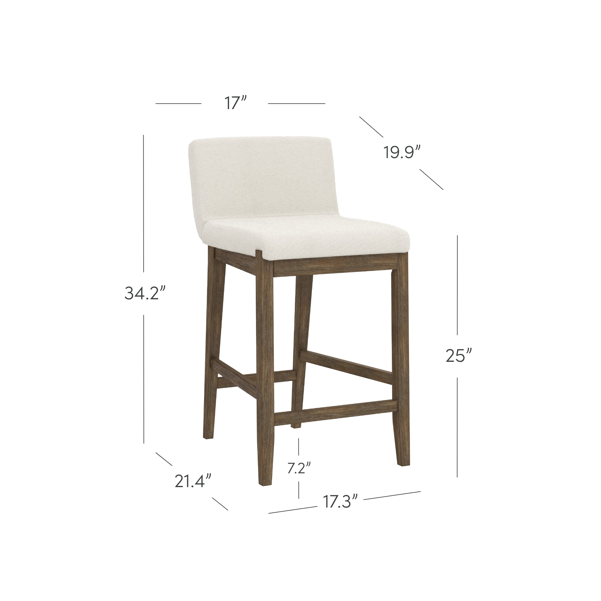 Gracie Modern Counter Height Bar Stool with Back, Counter Stool Upholstered Chair with Natural Textured Boucle Linen and Brushed Wooden Legs, White/Dark Brown