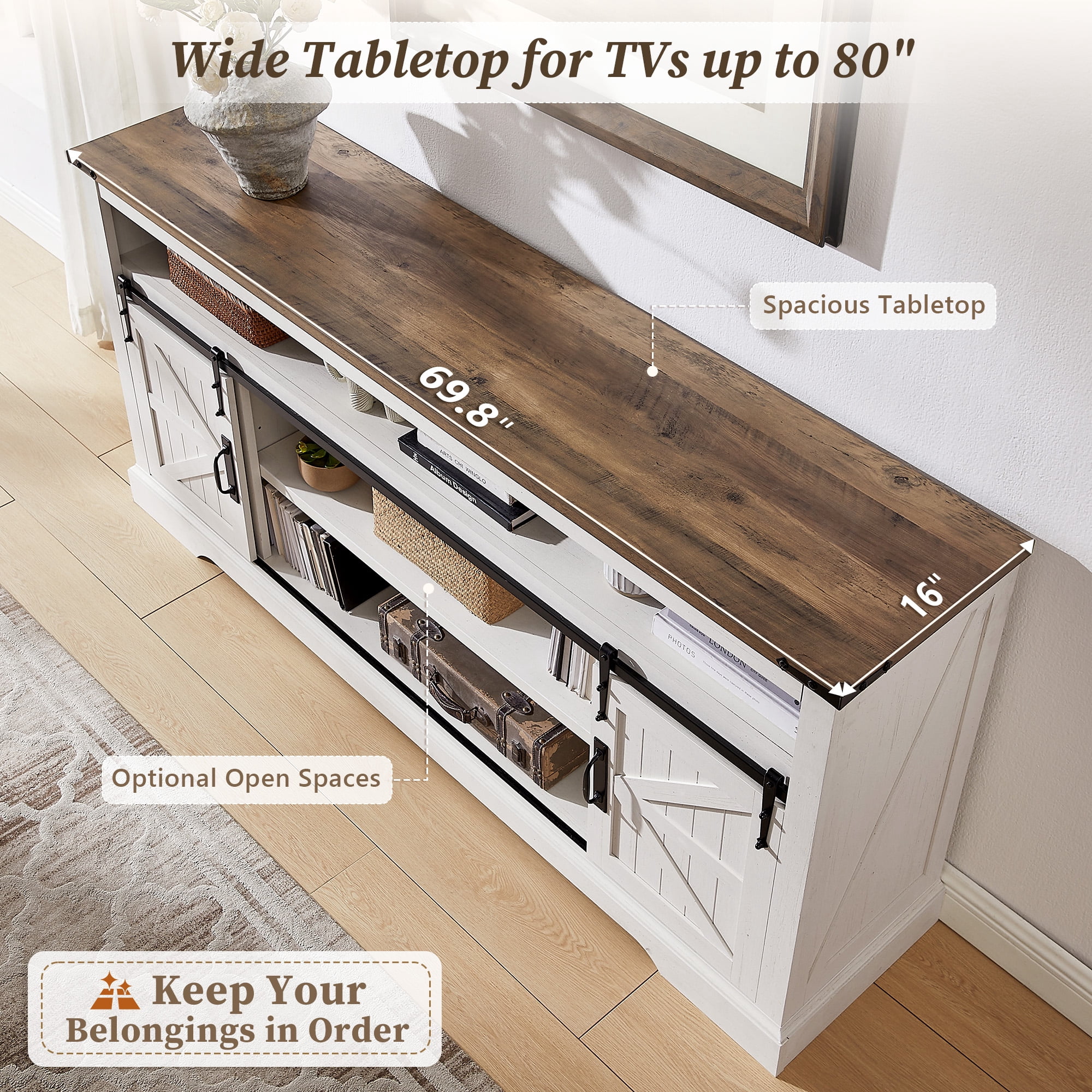 KeyWhat Farmhouse TV Stand for TVs Up to 80", 9 Storage Compartments, Sliding Barn Doors