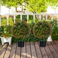 thumbnail image 2 of 22" Artificial Boxwood Topiary Ball Trees, Sun Resistant Faux Potted Plants with Fruits, Decorative Fake Shrubs Bushes with Cement Pot, Topiary Trees Artificial for Outdoor Indoor Set of 2, 2 of 9
