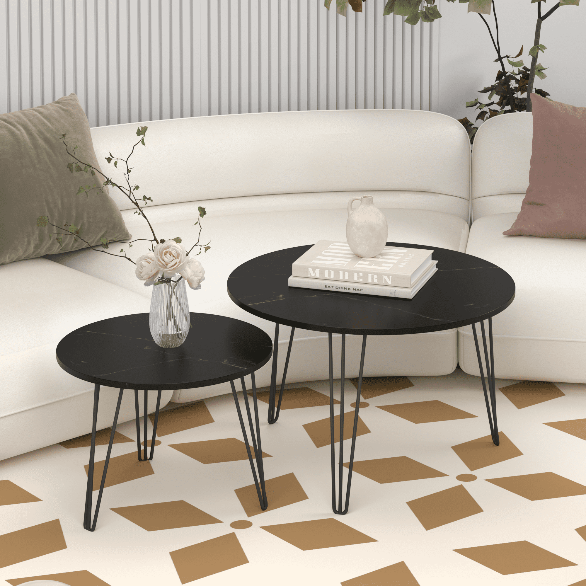 27.56" Round Nesting Coffee Table Set of 2, Circular Nesting End Table Set, Round Marble Tabletop, and Sturdy Metal Base for Living Room, bedroom, Black