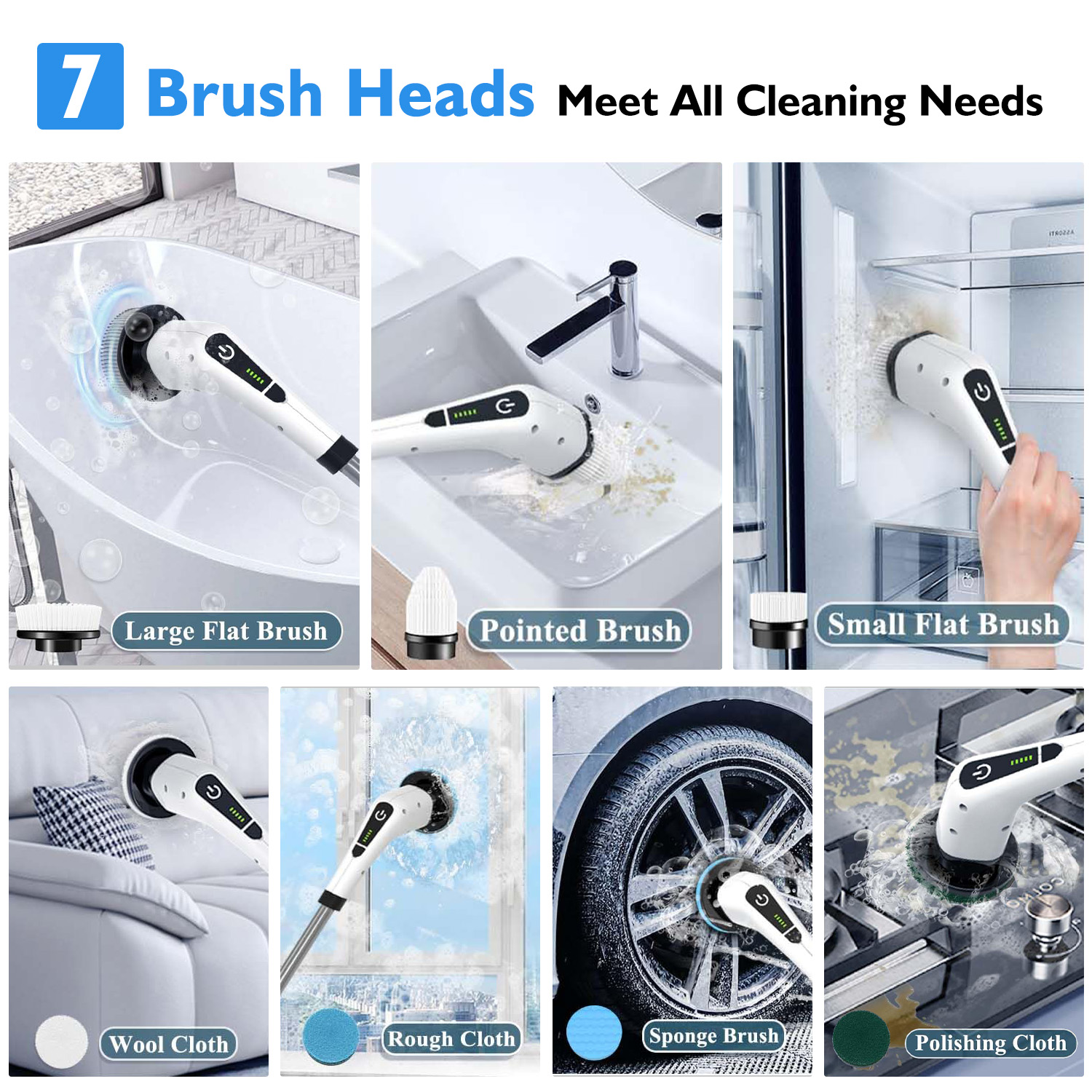 Electric Spin Scrubber, Cordless Bath Tub Power Scrubber with Long Handle & 7 Replaceable Heads, Detachable as Short Handle, Shower Cleaning Brush Household Tools for Bathroom & Tile Floor - image 4 of 12