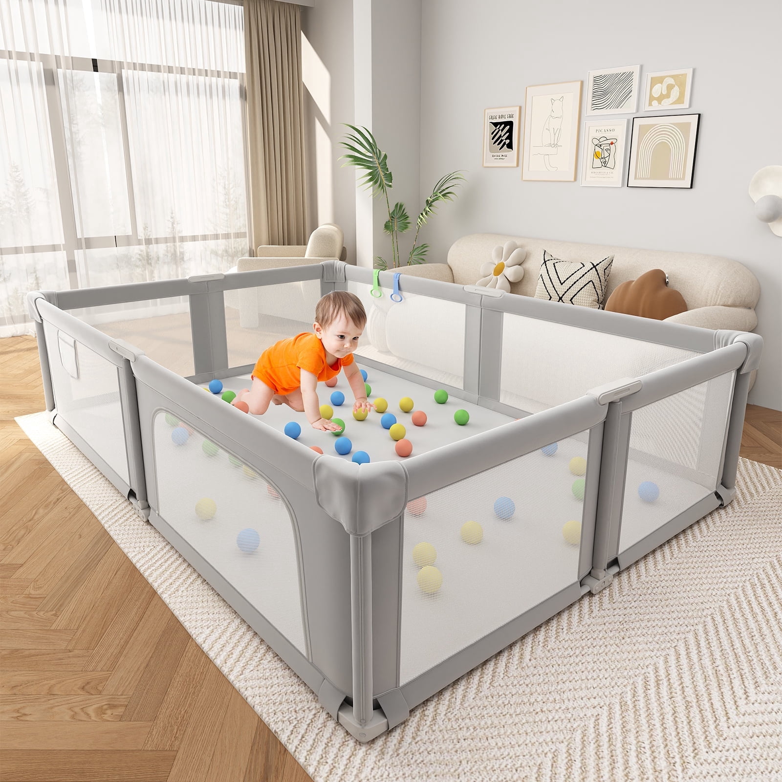 73“×61” Baby Playpen with Mat, Extra Large Baby PlayYards,Child Play Yard with Breathable Mesh for Indoor&Outdoor, Light Gray