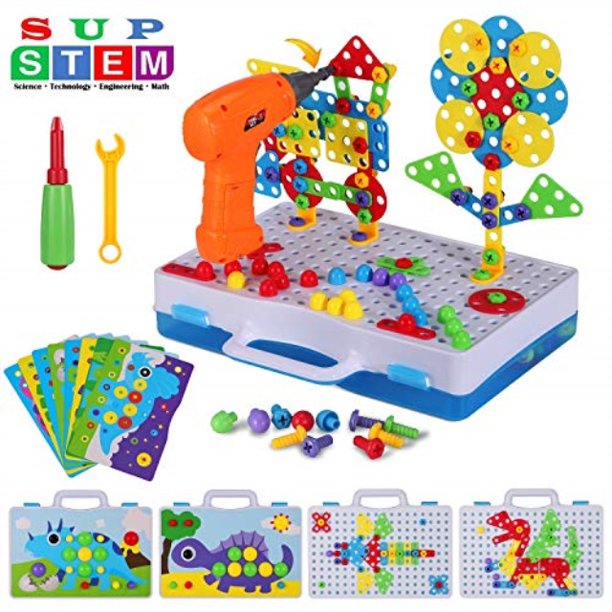 224 pieces stem engineering toys, electric drill puzzle toys and button art kit, diy