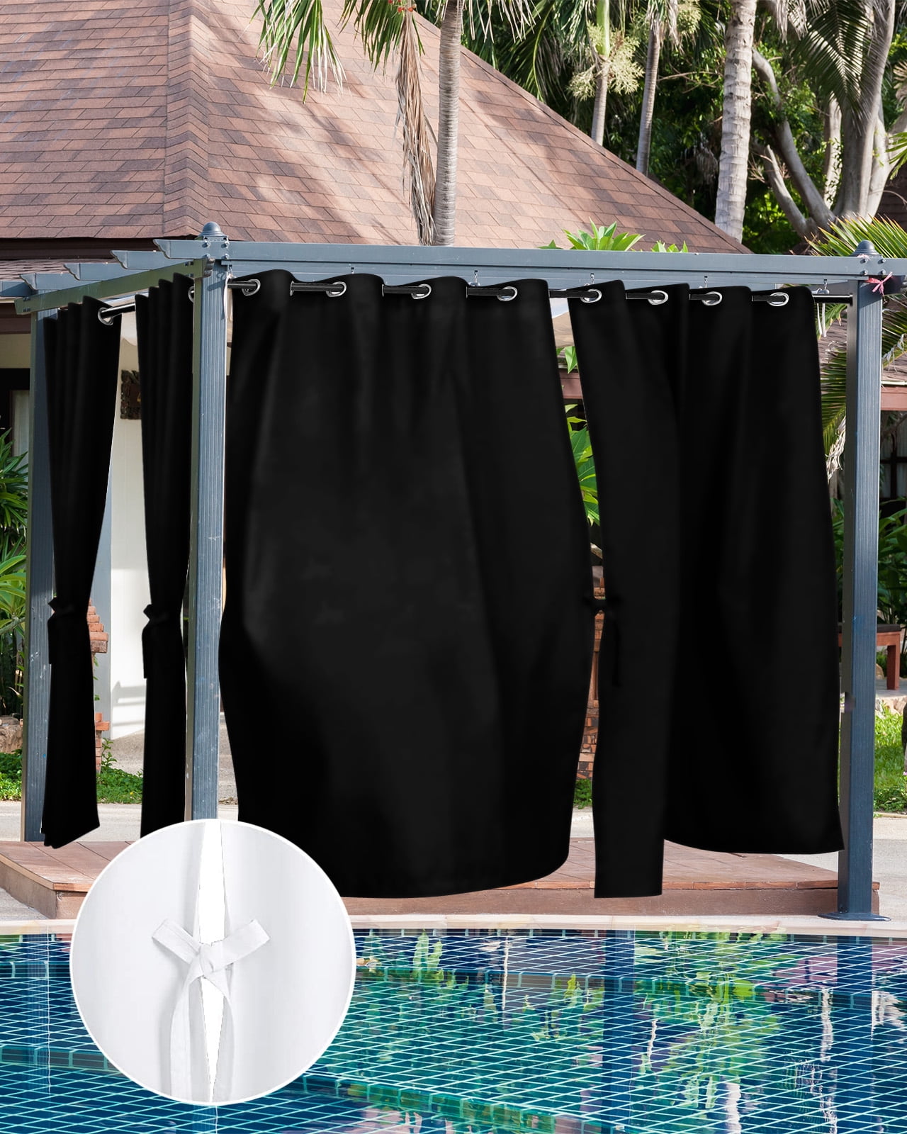Outdoor Curtains for Patio, Black Solid, Waterproof Blackout Outside Curtain for Porch/Pergola/Gazebo, Pure Color Thermal Insulated Drapes for Cabana, 1 Panel, 54 x 108 Inch