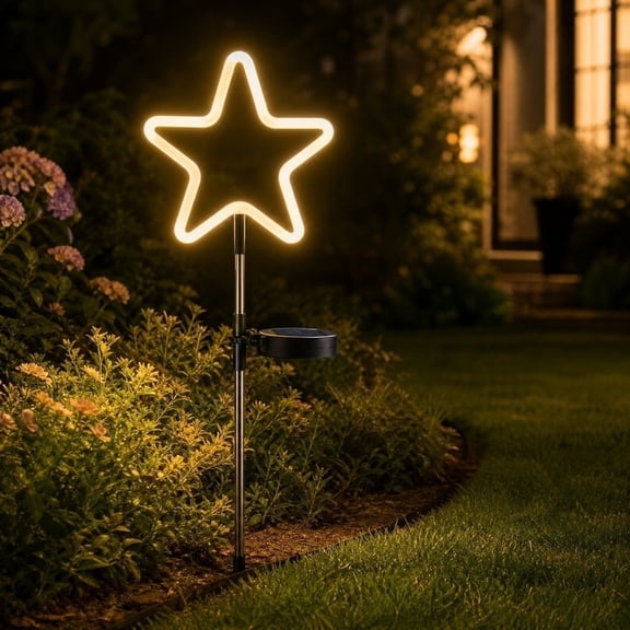 erdimoy Solar Star Neon Pathway Stake Light, 34 Inch Warm White LED Star Solar Garden Light, Waterproof Outdoor Patriotic Yard Lawn Decor Lamp for 4th of July Holiday